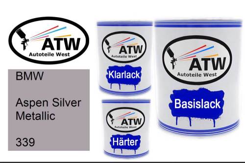 BMW, Aspen Silver Metallic, 339: 1L Lackdose + 1L Klarlack + 500ml Härter - Set, von ATW Autoteile West.